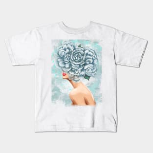 Girl with big peonies on her head Kids T-Shirt